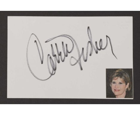 Star Wars: Carrie Fisher autograph on white card, 10.5 x 15cm, Alec Guinness (x2), and George Lucas (4)
