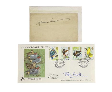 George Bernard SHAW: Signature on a blank card; Plus: Peter SCOTT: Signed first day cover. (2)