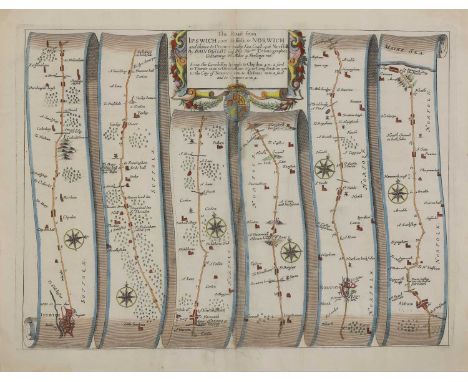 Three Road Maps by John OGILBY: The Road from London to Yarmouth; Ipswich to Norwich; &amp; London to Harwich. The first two 