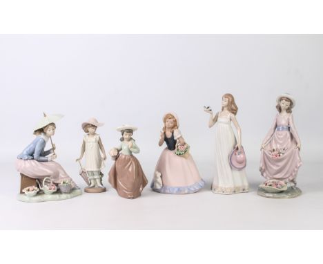 Six porcelain figures by Lladro, Nadal and Nao - comprising Nao 1126 'April Showers' and 'Flowers From My Garden',&nbsp;Lladr