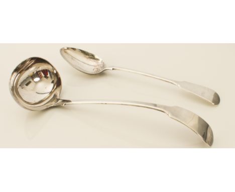 An EPNS fiddle pattern soup ladle and basting spoon - early 20th century, the basting spoon 31.3 cm long, in good condition.