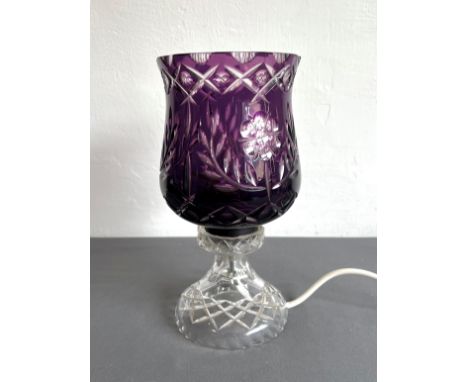 An amethyst cased glass table lamp, possibly Scottish - the tulip shaped shade with floral, diamond, cross and printie cut de