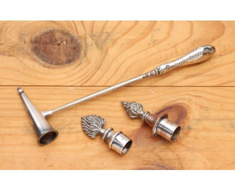 An Edwardian silver plated candle snuffer - with hallmarked silver handle, Birmingham 1910, 25 cm long; together with two can