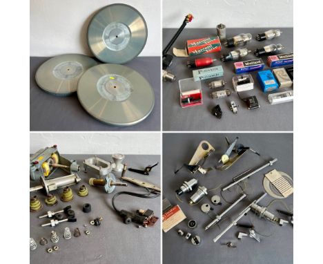 A small collection of vintage turntable parts - including a Michell tonearm with Audio-Technica cartridge; three heavy diecas