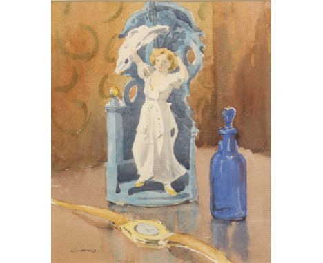 Low (British, second half 20th century) Still life of a watch, blue glass bottle and figurine watercolour, signed lower left,