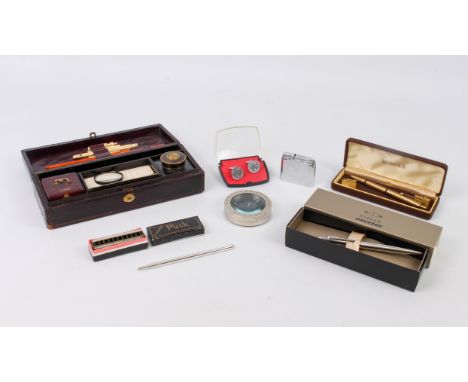 A group of collectables - including a Victorian rectangular gilt tooled leather writing box, the lid stamped 'Revd. Henry Dav