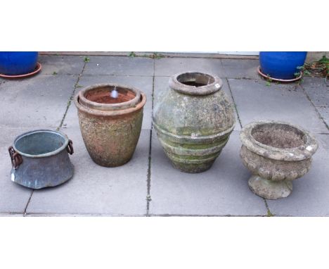 Seven planters and three vintage tools: 1. a composite stone planter of gadrooned urn form, 33 cm high;  2. a buff terracotta