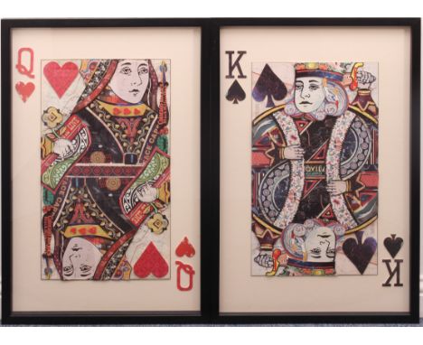 A pair of King and Queen of Hearts playing card collage pictures - modern, with 3D effect, in ebonised wooden box frames, 90 