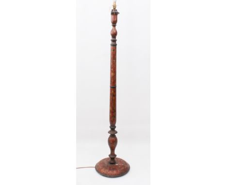 An Indian Kashmiri lacquered standard lamp - mid-20th century, the turned column painted with densefloral decoration in red, 
