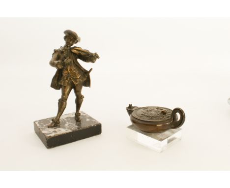 A 19th century grand tour bronze classical style oil lamp - 12 cm long, base removed and glued to an acrylic plinth; together