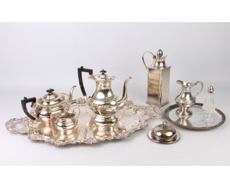 A silver plated two handled drinks tray - with chased floral, foliate and scroll decoration, foliate rim and handles, 71 cm l