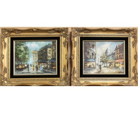 A pair of oil on board Parisian street scenes - 1970s-80s, one signed 'K. Springfield', the other 'T. Tuck', 7&frac34; x 9&fr