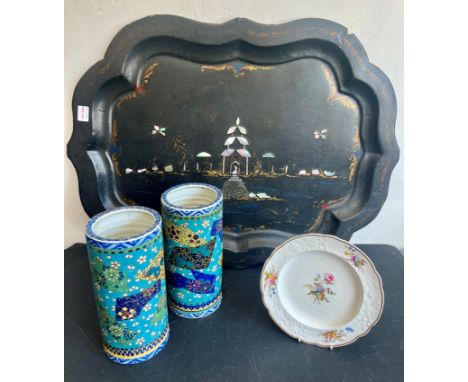A pair of Japanese Totai Shippo cloisonné on porcelain sleeve vases - signed in iron red, probably by Shippo Gaisha, Meiji pe