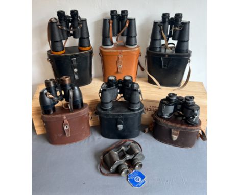 Seven pairs of vintage binoculars (six cased) -&nbsp;including pairs Carl Zeiss Jena (Deltrentis 8x30); Ross of London (Spect