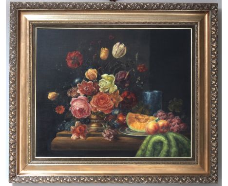 Continental School in the Dutch 18th century style (second half 20th century) Still life of flowers in a bronze urn, a glass 