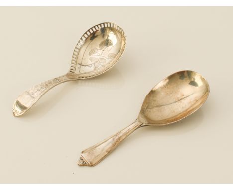 Two silver caddy spoons - one Edwardian, Levi &amp; Salaman, Birmingham 1908, with pierced bowl and punch engraved foliate an
