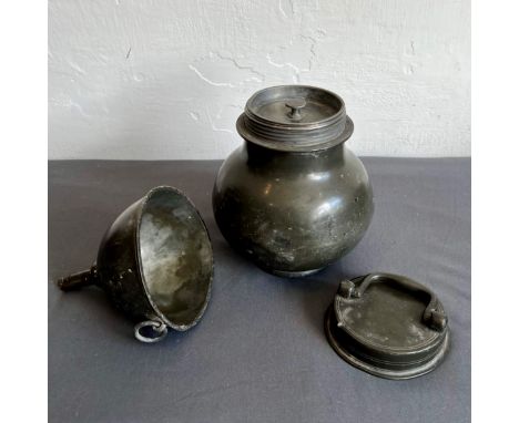 A pewter caddy with swing handle (possibly for leeches) - 19th century, of stout baluster form, with turn-off cover, 16 cm hi