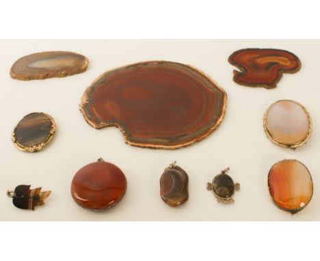 A group of antique and vintage agate jewellery - including three Victorian and Edwardian rolled gold and agate brooches (one 