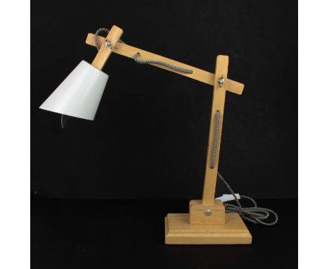 A modern anglepoise style desk lamp - in beechwood with white painted conical shade and adjustable arm, 37 cm to 55 cm high.