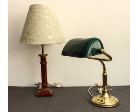 A green acrylic and brass desk or library lamp - the shade a/f; together with a red and gilt glazed china column lamp, with i