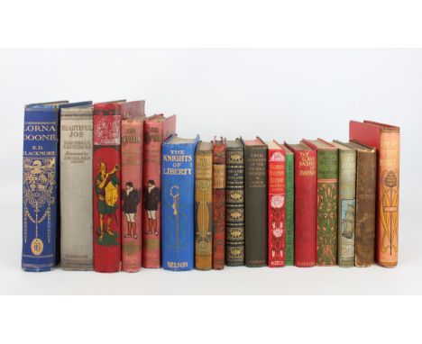 Seventeen books, many with decorative bindings: R. D. Blackmore - Lorna Doone (Boots the Chemists); John Bunyan - The Pilgrim