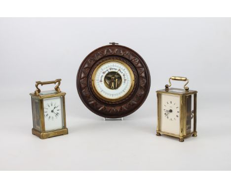 Two brass carriage clocks - one early 20th century, with corniche case and single train movement, 11.1 cm high plus handle; t