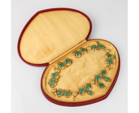 A vintage silver gilt and green agate necklace - probably 1950s with pairs of agate cabochons in foliate settings divided by 