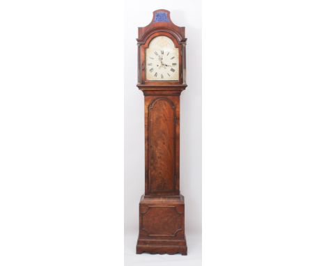 An early 19th century mahogany eight day longcase clock - the hood with caddy top with central glazed panel and brass stop-fl