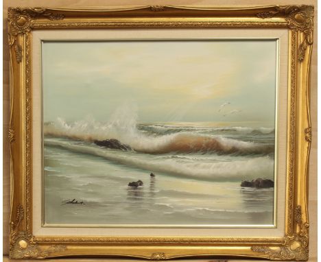 Two paintings: Schubert (20th century) Breaking waves in evening light oil on canvas, signed lower left, swept frame 15½ x 19