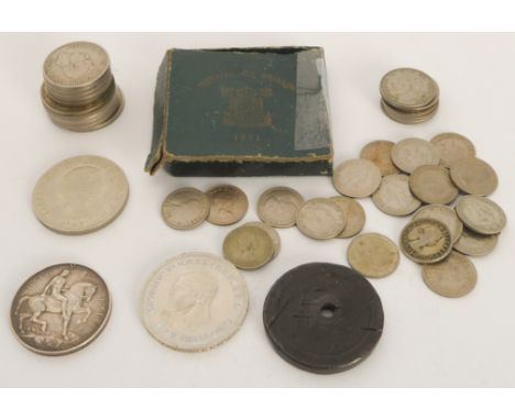 A mixed lot comprising a silver British War Medal, pre-decimal GB coins and two commemorative crowns: 1. The British War Meda
