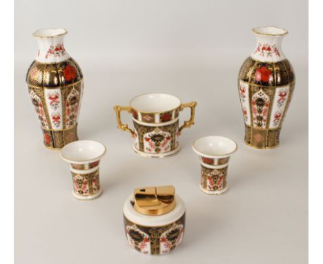 A pair of Royal Crown Derby 'Old Imari' vases - of lobed, baluster form, 18.5 cm high; together with a group of other Old Ima