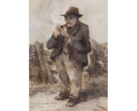 John Greensmith RWS NEAC ARCA (British b.1932) 'A Bakewell farmer and his pipe!' watercolour, signed lower left, inscribed to