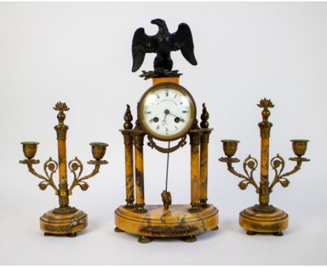 Mantel clock Van Crombrugghe Van Crombrugghe Coryn Gand. Marble clock with eagle and 2 candlesticks Een schouwstel Van Crombr