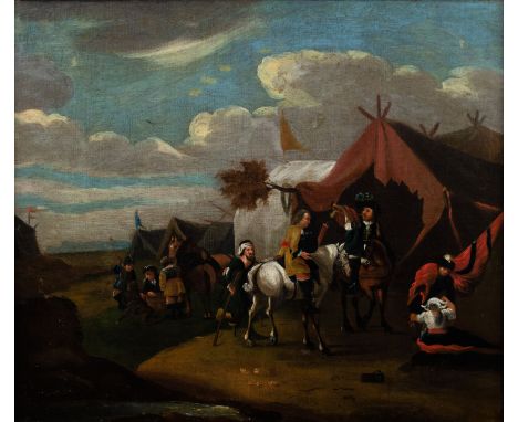 European school 18thC A 18thC painting of an army camp. Oil on canvas, not signed. Europese school 18e eeuw. Soldatenkampemen
