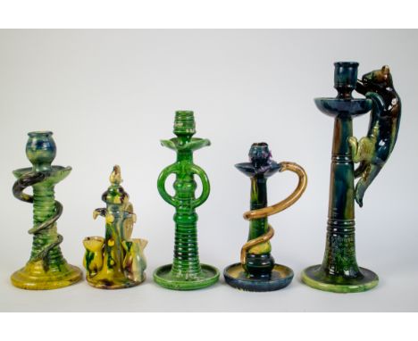 Flemish earthenware candlesticks i.a.. Société Belge de Poterie Flamande Kortrijk (candlestick with cat) and Pottery Caessens