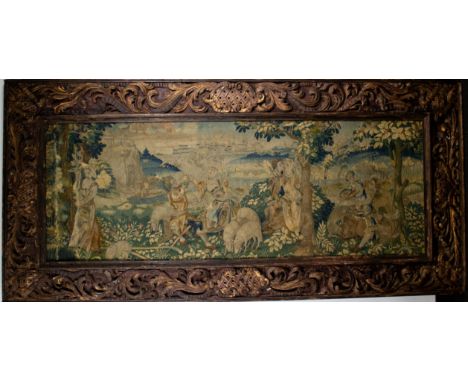 16th century tapestry with 18th century frameTapijt uit de 16e eeuw met 18e eeuwe lijst.64.5 x 171 cm