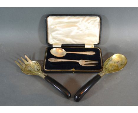 A Birmingham Silver Christening Spoon and Fork within case together with a pair of servers 