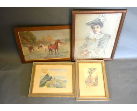 I. Boucherat 'Study Of Horses' oil on board together with two watercolours and a pastel portrait, all signed 