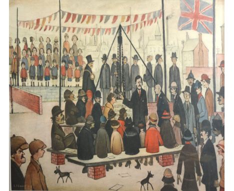 After Lowry 'Laying A Foundation Stone' a coloured print, 44 x 59 cms 