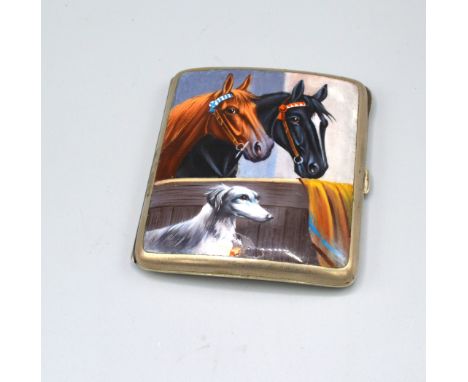 An Enamel Decorated Card Case of curved form depicting two horses and a dog within a stable, 8.5cms x 7.5cms 