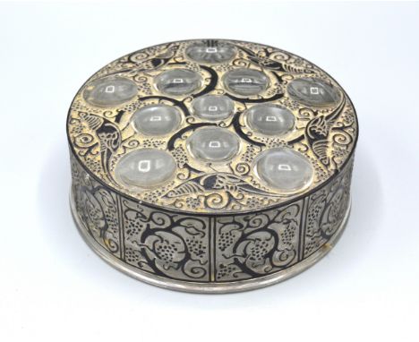 A Lalique Roger Pattern Cylindrical Box with enamel detail 13.5 cms diameter 