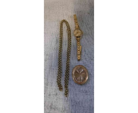 A VINTAGE LADIES TISSOT YELLOW GOLD 9CT WRISTWATCH on a 9ct yellow gold strap, a 9ct yellow gold link necklace and a damaged 