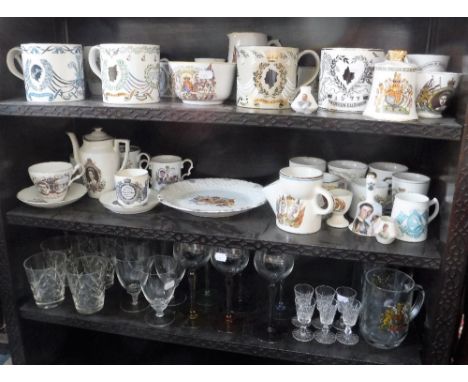 A COLLECTION OF COMMEMORATIVE CHINA WARE including a set of four Wedgwood mugs designed by Richard Guyatt and mixed glassware