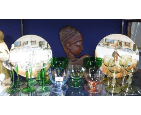 A COLLECTION OF COLOURED GLASSWARE, a carved African head and two Royal Doulton Series Ware plates