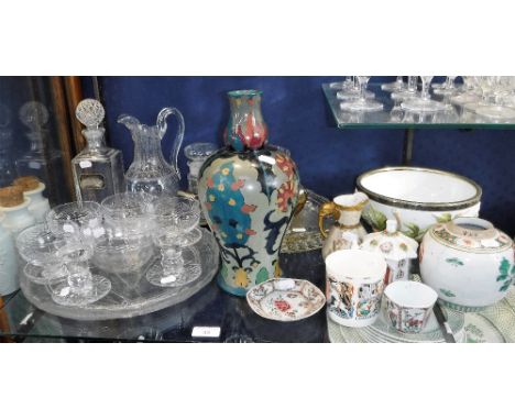 A VICTORIAN ETCHED GLASS JUG, similar glassware, a Worcester blush ivory jug and similar ceramics