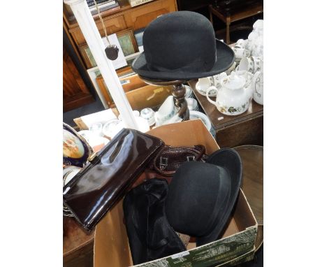 TWO VINTAGE BOWLER HATS, and a collection of Vintage Ladies handbags in a Harrods hat box