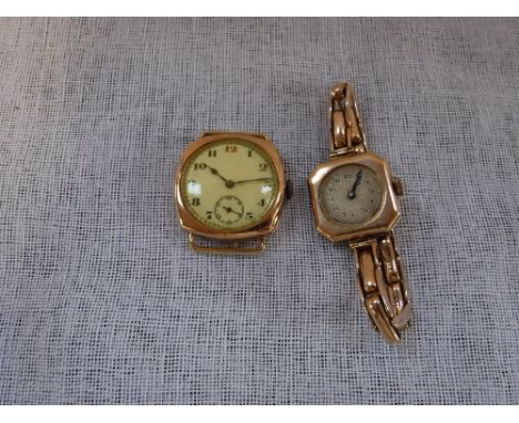 A VINTAGE YELLOW GOLD 9CT CASED WRISTWATCH on a  9ct yellow gold expandable strap and one other vintage yellow metal cased wr