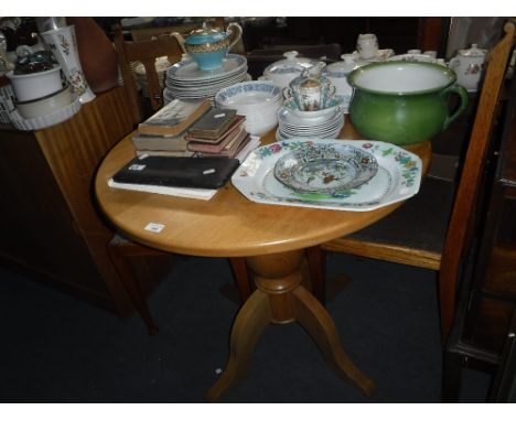 A LIGHT OAK CIRCULAR TABLE and two Edwardian chairs