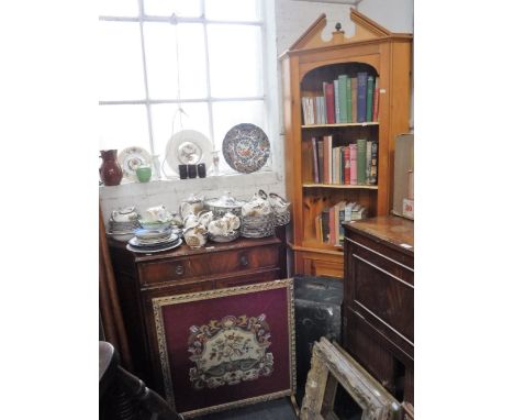 A PINE CORNER CUPBOARD,  a mahogany side cabinet, a pine trunk and a fire screen 