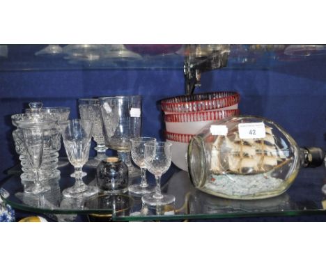 A VINTAGE SHIP IN A BOTTLE, three Victorian frosted and cranberry rimmed glass finger bowls and similar glassware